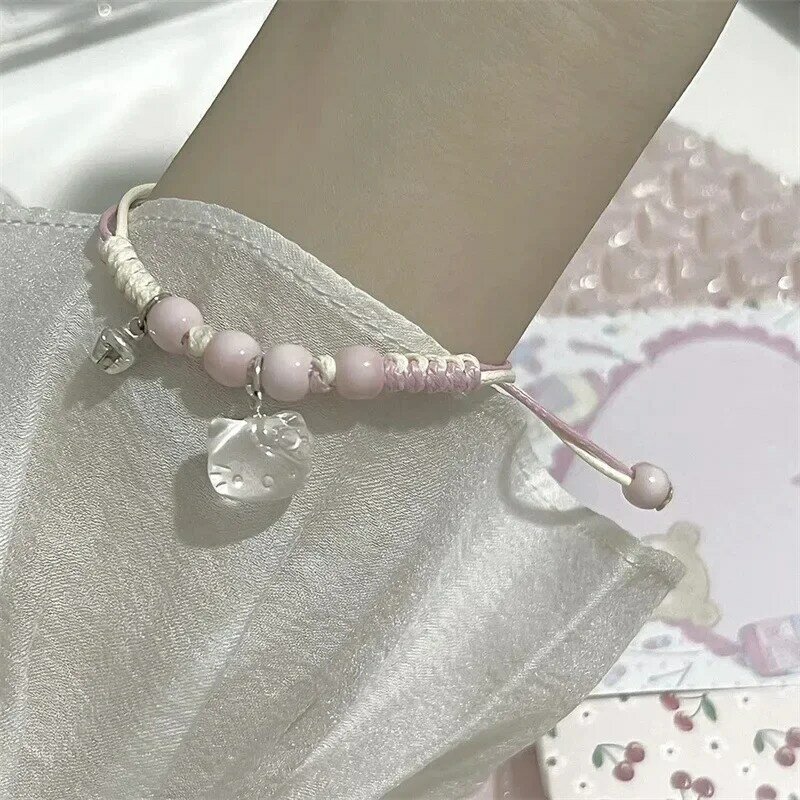 Kawaii HelloKittys gelang Y2k Pink gelang Beruntung gadis dikepang gelang manis lucu liontin teman baik pasangan hadiah perhiasan