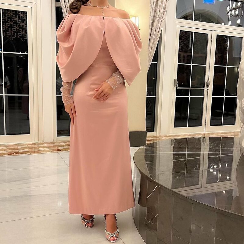 Koendye Daudi-Vestidos de Noche de Arabia Saudita para mujer, vestido de fiesta de manga larga con cuello Bateau, largo hasta el tobillo, vestidos formales para ocasiones