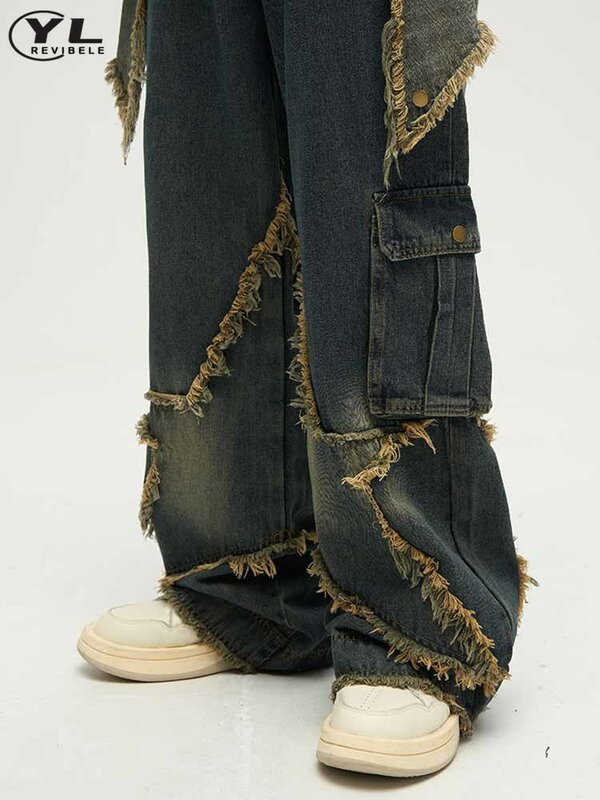 Vintage Star Patchwork Jeans Men Women Y2k Hip Hop Raw Edge Wide Leg Denim Pants Spring High Street Loose Straight Jean Trousers