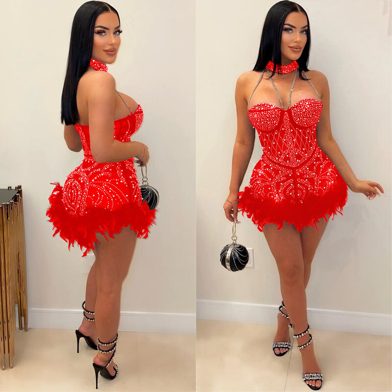 Mesh Sheer Hot Diamonds Feathers Slim Rompers Women Sexy Off Shoulder Halter Sleeveless High Waist Skinny Playsuits Partywear