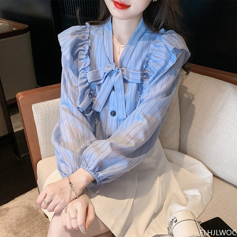 Penjualan laris atasan blus blus berkerut dasi kupu-kupu 2024 kaus motif garis-garis untuk wanita kantor baju Mode Korea gadis manis lucu