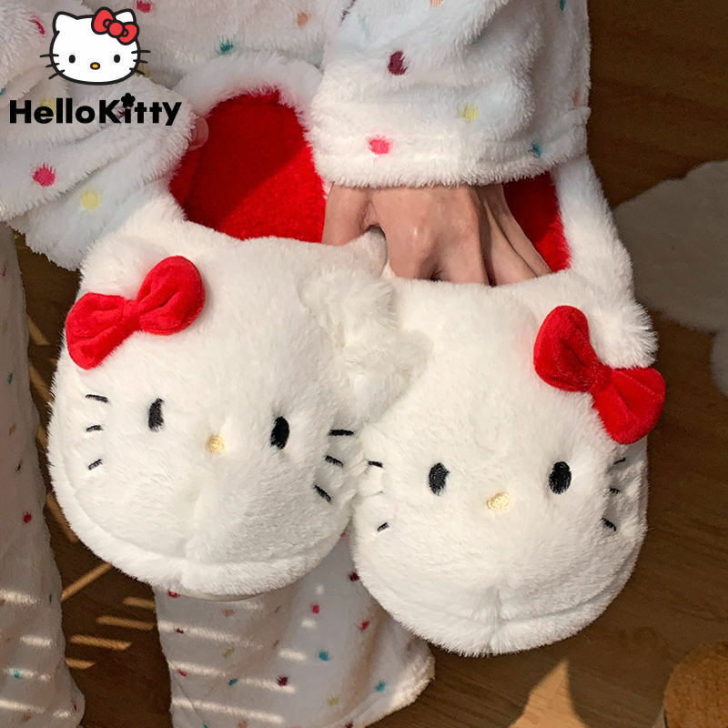 Sanrio Kawaii Hello Kitty pantofole in peluche per la casa delle donne inverno New Sweet Cute Girls scarpe antiscivolo in cotone per interni scarpe calde di moda
