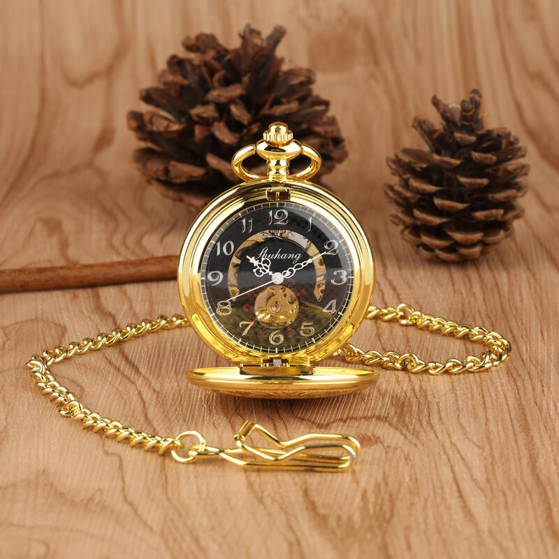 Jam tangan saku pria pola dekorasi emas jam tangan mekanik putar tangan angka Romawi jimat Dial jam pria saku antik