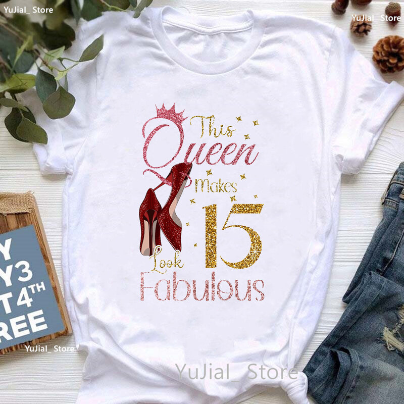 여왕 레터 프린트 티셔츠, 재미있는 캐주얼 티셔츠, 여름 반팔 티셔츠, 도매, 15 번째 생일 여왕