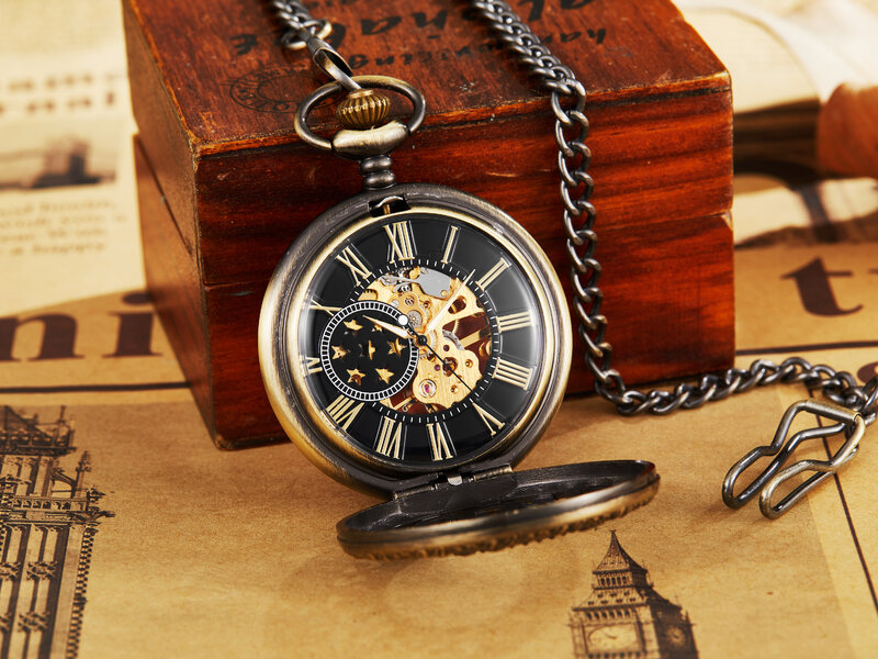 Gorący sprzedający się Vintage z klapką wydrążoną rzeźbą kreatywny męski w pełni automatyczny mechaniczny zegarek kieszonkowy 2024 na prezent