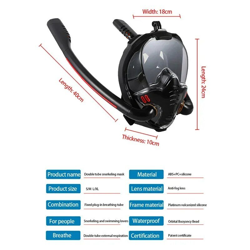 Snorkeling Mask Double Tube Silicone Full Dry Diving Mask Adult Swimming Mask Diving Goggles Self Contained Underwater Breathing