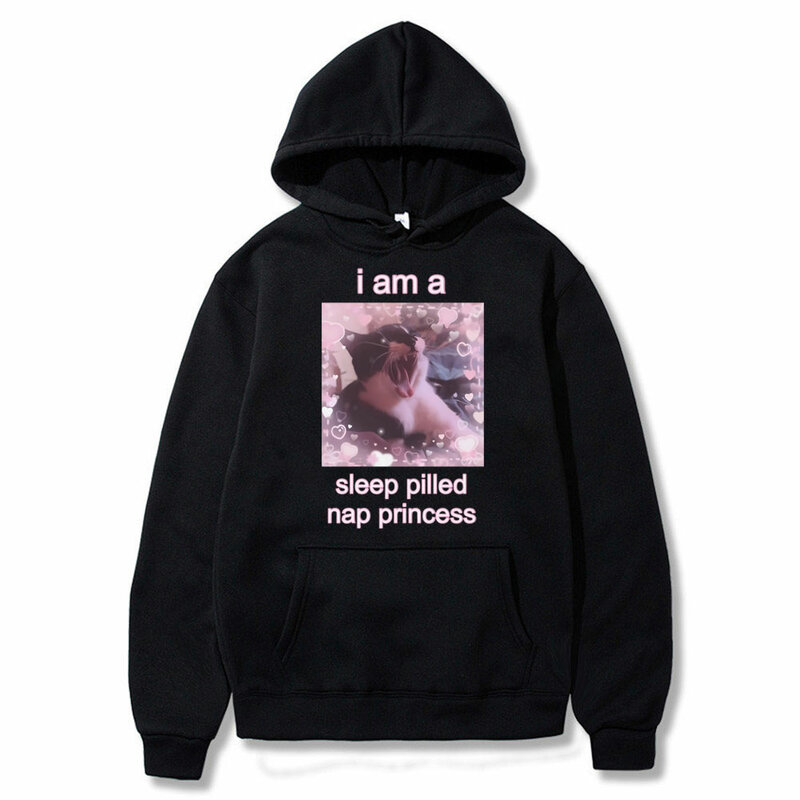 Homens e mulheres I Am a Sleep Pilled Nap Princess Cat Meme Graphic Hoodie, Casual Cat Lover Sweatshirt, Unisex Oversized Hoodies