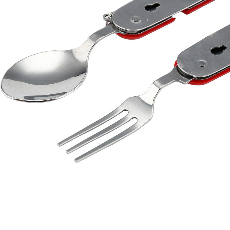 Alat makan multifungsi luar ruangan, sendok garpu dapat dilipat pisau piknik mendaki berkemah bepergian 4 dalam 1