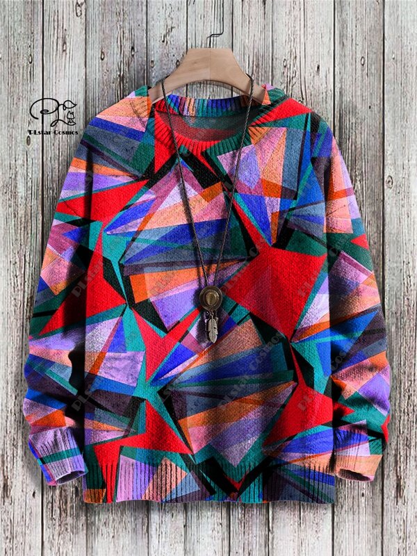 PLstar Cosmos new 3D printing retro series geometric splicing gradient pattern ugly sweater winter street casual unisex f-1