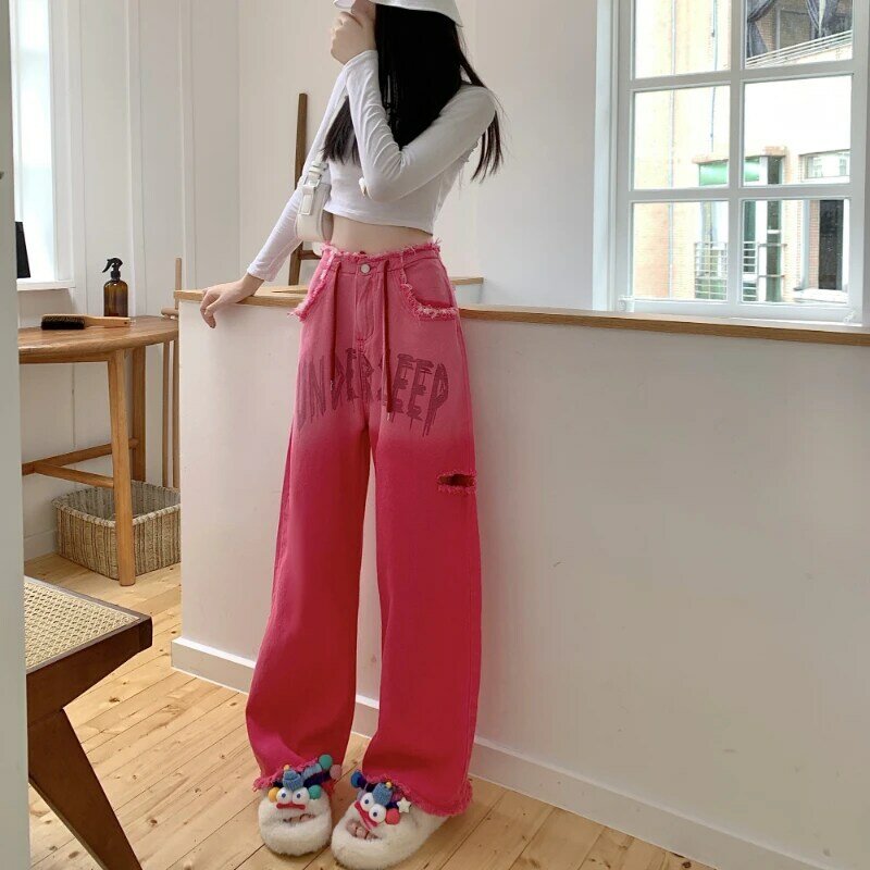 Ripped Jeans for Women Korean Drawstring High Waist Straight Leg Full Length High Street Spring and Autumn Female Denim Pants
