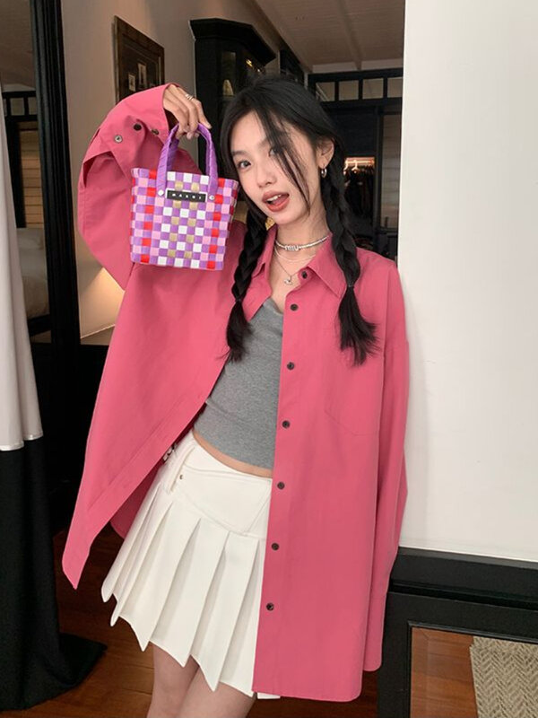 Deeptown Y2K Harajuku Rosa Blusa Mulheres Moda Coreana Oversized Button Up Camisas Senhora Do Escritório Solto Casual Chique Tops Streetwear