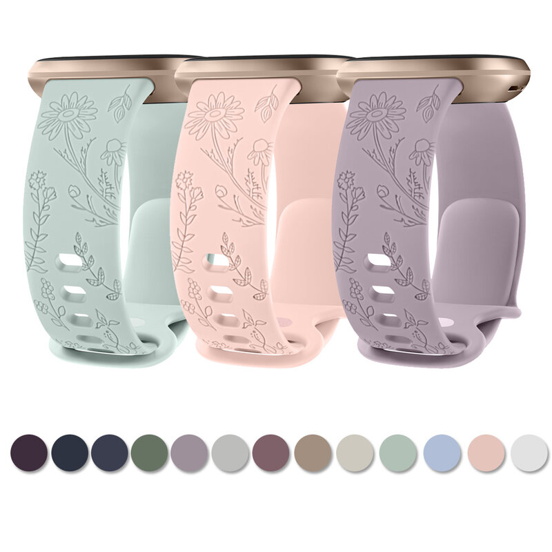 Flower Engraved Band For Fitbit Versa 3/Versa 4 Strap Soft Silicone Watchband For Fitbit Sense/Sense 2 Wristband Accessory