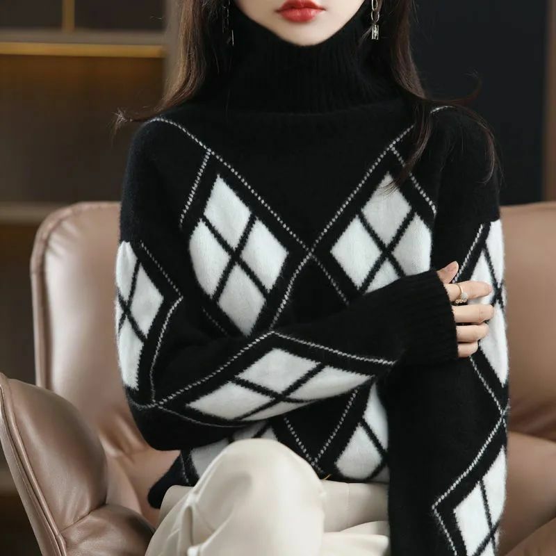 Suéter feminino de gola alta com malha emendada, pulôver casual, combina com tudo, suéteres de trajeto, moda coreana, outono inverno