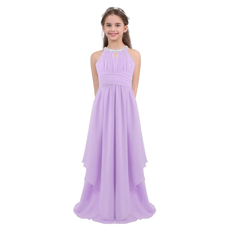 Piętro długość druhna sukienka bez rękawów cekinami Halter szyfonowa wysokiej talii wesele sukienka księżniczka kwiat sukienki dla dziewczynek