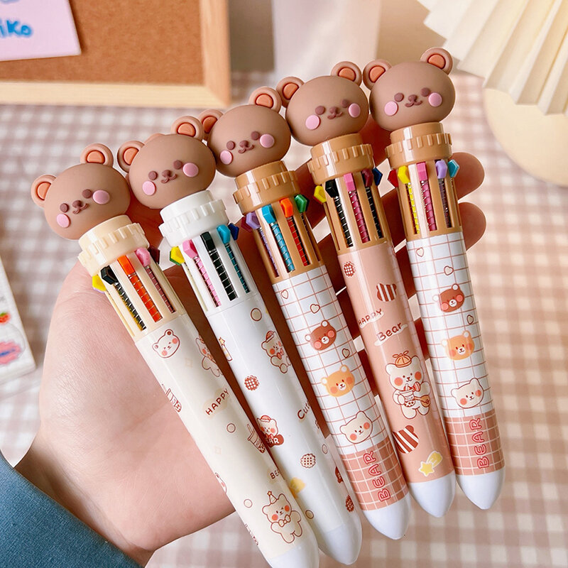 Bolígrafo grueso de silicona con dibujos animados de oso Kawaii, suministros de oficina y escuela, regalo, papelería Escolar, 10 colores