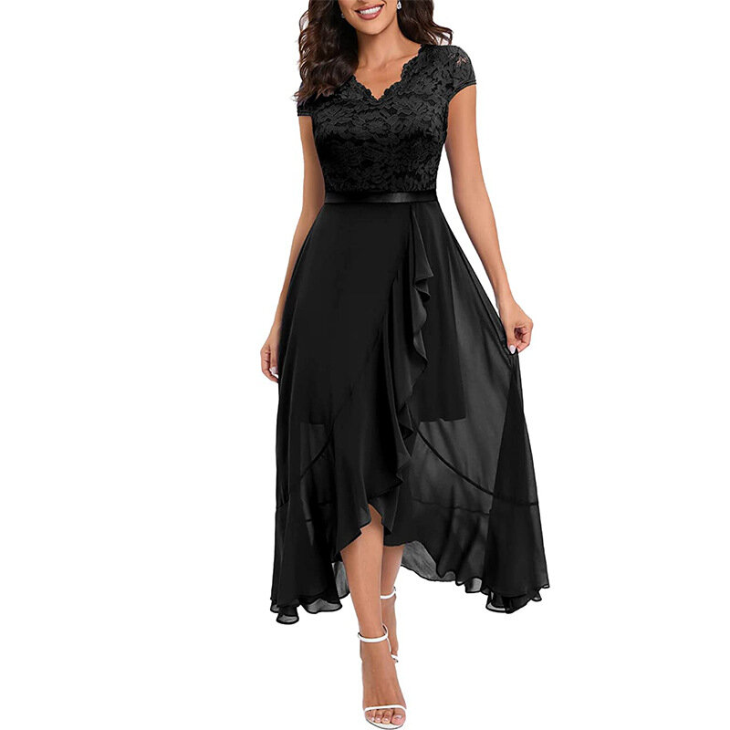 Wowen-vestido de noche asimétrico alto-bajo, manga corta, rosa y negro, elegante, largo, de encaje, para fiesta, Sexy, 2024
