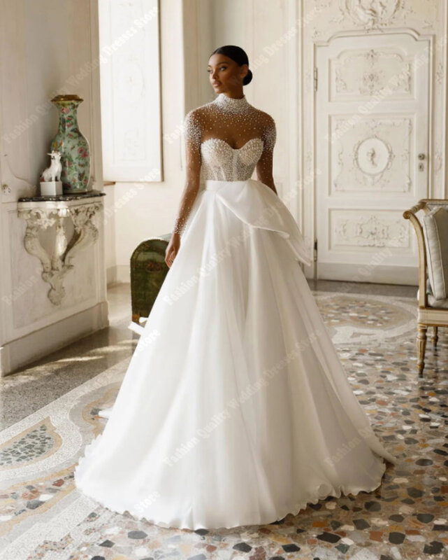 Ivory Tulle Women Wedding Dresses New Vintage A-Line Bridal Gowns Lace Appliques Sexy Robes Beading Transparent Vestidos De Novi