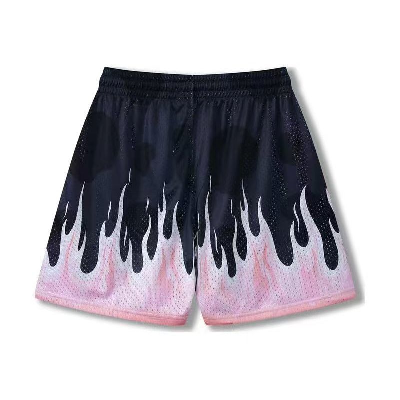 Flame-pantalones cortos deportivos de doble malla para baloncesto americano, shorts sueltos de secado rápido, transpirables, tendencia nacional, cuatro puntos por encima de la rodilla, novedad de verano
