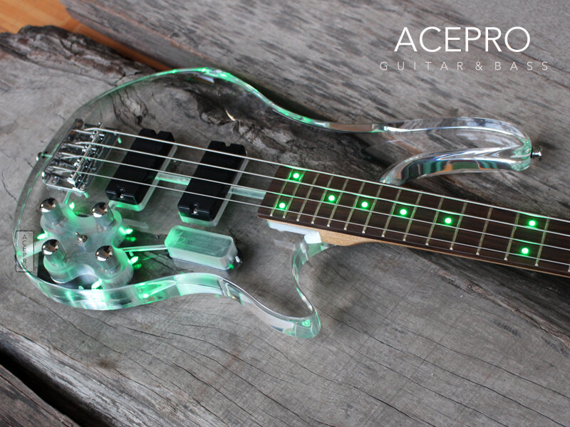 4 String Green LED Lights Electric Bass Guitar, Clear Acrylic Crystal Body, Maple Neck, Free Shipping