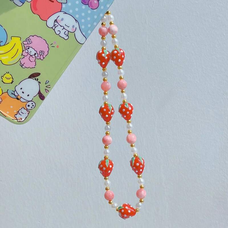 Cute Strawberry Beads Mobile Phone Chain, Cellphone Case Acessórios, Pink Stone, Lanyard Charms, Anti-Lost, Mulheres, Meninas