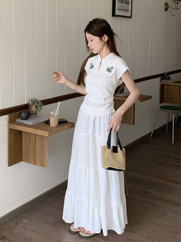 T-shirts for Women Fashion Slim Embroidery Summer Short Sleeve All-match Chinese Style Vintage Streetwear Comfortable Breathable