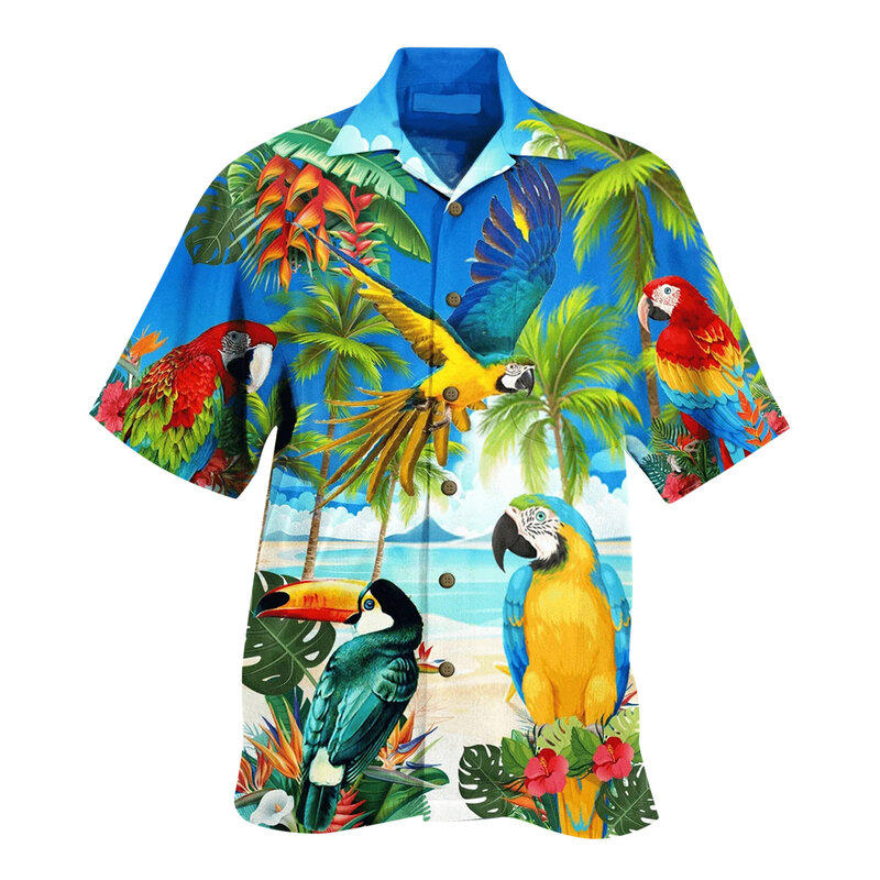 Camisa estampada em papagaio floral 3D masculina e feminina, camisas da moda, de peito único, manga curta, blusa havaiana, roupas de verão