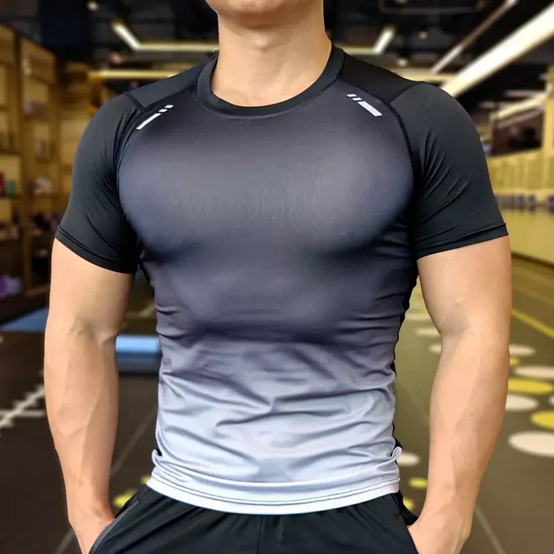 Kaus olahraga kebugaran pria kaus latihan binaraga pakaian Gym lari lengan pendek kaus ketat otot atasan cepat kering Rashguard