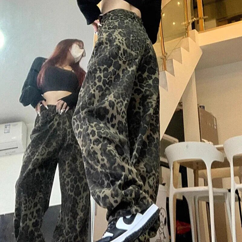 Denim Planet Leopard Pattern Street Jeans Women's Y2K Spicy Girl High Waist Wide Leg Hip Hop Casual Pants