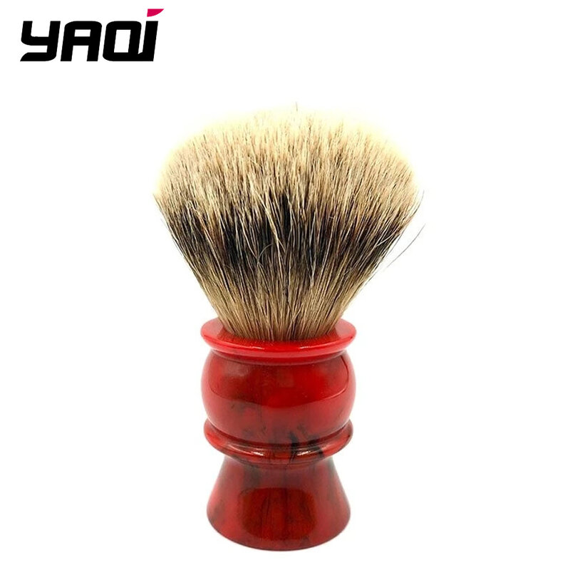 Yaqi-Brosses de rasage pour hommes, manche en résine rouge, poils de blaireau à bout argenté, 24mm, 100%