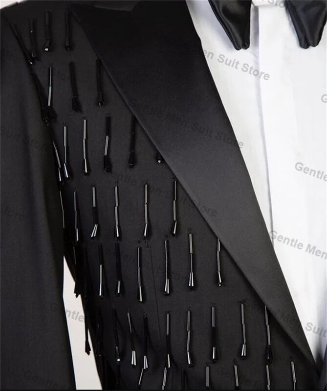 Perlen schwarze Männer Anzüge Set 2 Stück Blazer Hose Baumwolle Abschluss ball Bräutigam Hochzeit Smoking Mantel benutzer definierte Größe formelle Büro jacke Outfit