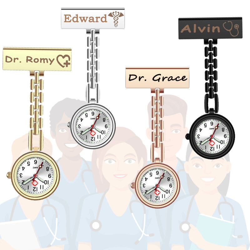 Customized Engraved Name Personalized Laser LOGO Lapel Pin Brooch Midwife Doctor Clock Medical FOB Hanging Pocket Nurse Watches