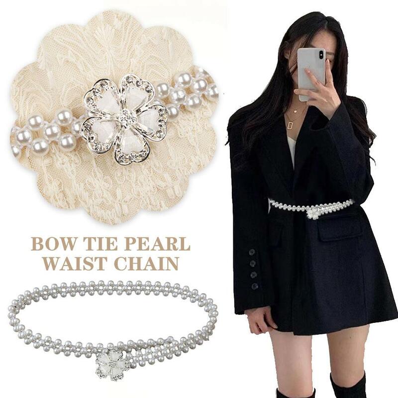 Pajarita de perlas para mujer, cadena de cintura con perlas grandes y falda de cintura, decoración de diamantes, elástica con cintura delgada a juego R4T7