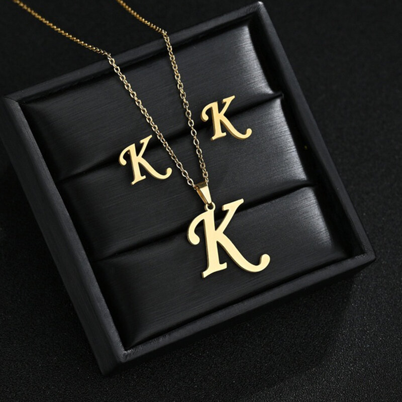 Collar de acero inoxidable con inicial del alfabeto A-Z para mujer, conjunto de pendientes con 26 letras en inglés, joyería personalizada, regalo