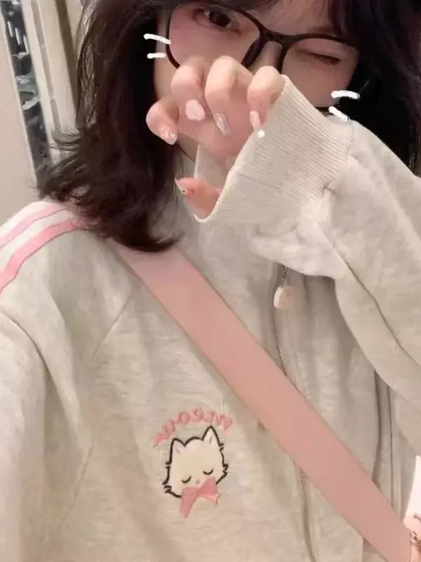 HOUZHOU-Sudadera con capucha y cremallera para mujer, suéter de gran tamaño con bordado de gato rosa, estilo Harajuku, Kawaii, moda japonesa, invierno, 2023