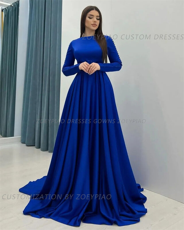 Hot Blue Button A Line Evening Dresses Long Sleeves Satin O Neck Pleats Prom Gowns Formal Event Party Dubai Arabic Women