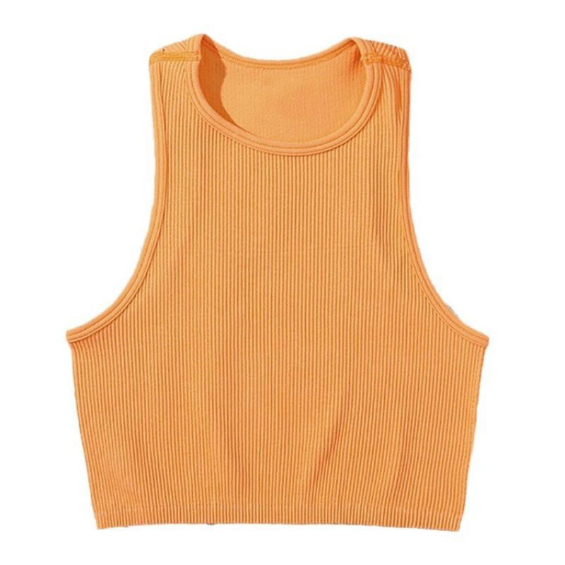 Crop Top Women Athletic Sports Tank Seamless Streetwear Elastic Rib-Knit Sleeveless Yoga Vest Tee Stretchy Gym Tight