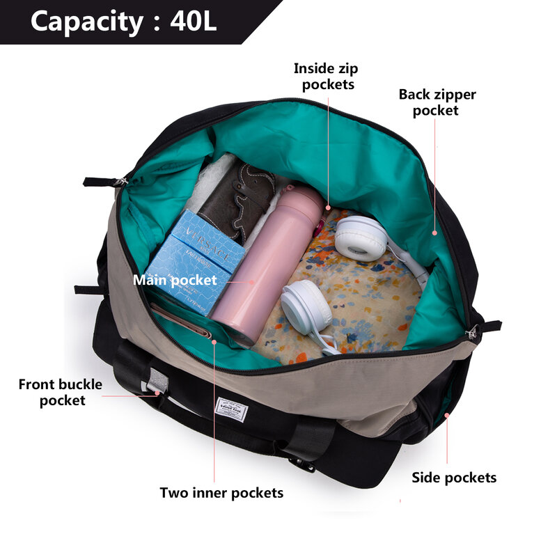 Tas perjalanan 40L, dengan kompartemen sepatu dan dompet koin tas Gym olahraga