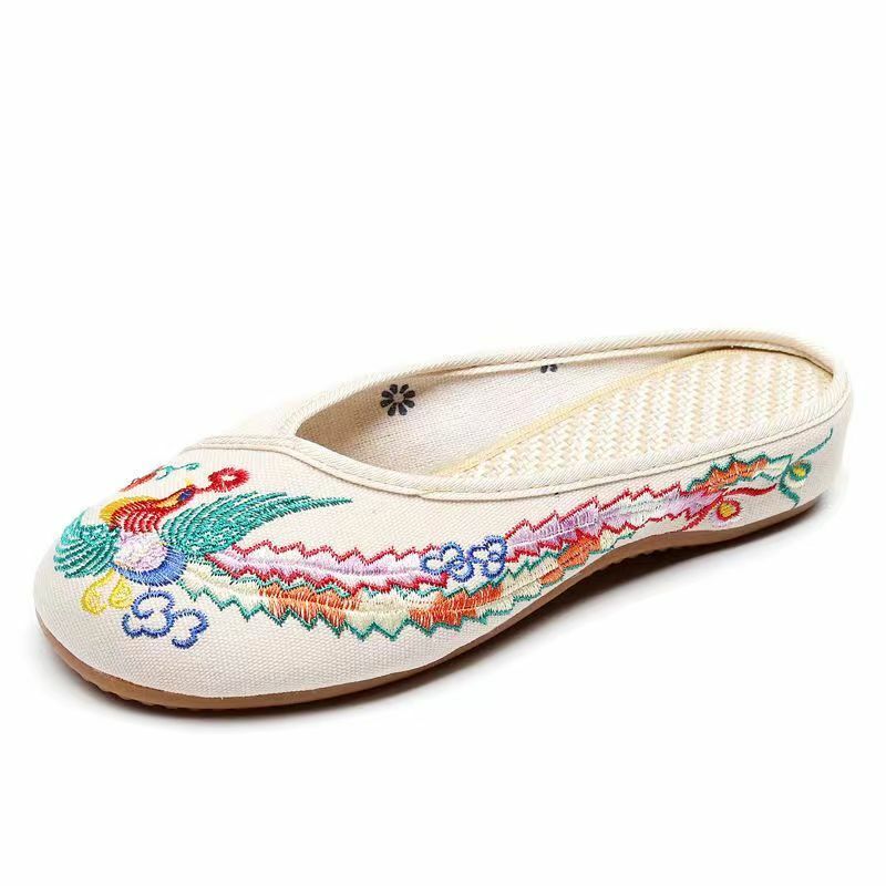 Baotou sandal kanvas hak rendah wanita, sandal rumah bordir sol lembut anti licin, sandal luar ruangan musim panas untuk wanita
