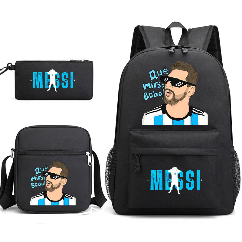 Messi-Conjunto de bolsa escolar para estudiantes, mochila juvenil, bolso de hombro, estuche para lápices, modelo negro, adecuado para niños y niñas, 3 piezas