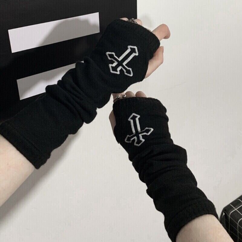 Punk Grunge Cross rękawiczki nowe, neutralne czarne długie rękawy rockowy rękaw Ninja Cosplay