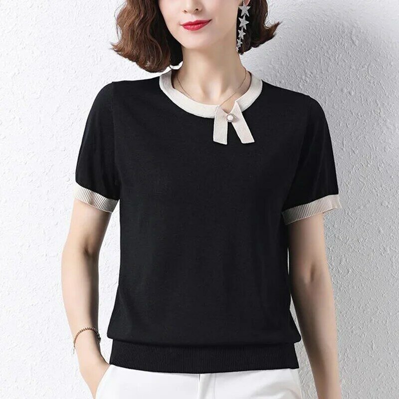 Fashion O-Neck Spliced All-match Beading Blouse Women's Clothing 2023 Summer New Loose Casual Pullovers Tops Asymmetrical Shirt