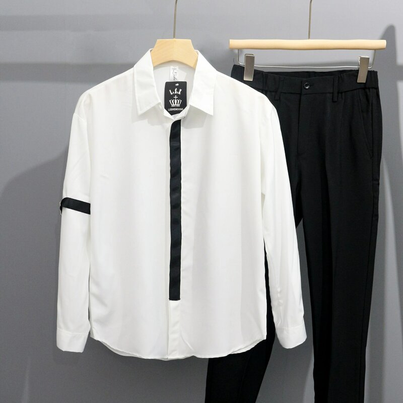 Camisa de patchwork de manga comprida masculina, blusas casuais soltas, vestido de negócios, masculino, novo, primavera, 2023, 2023