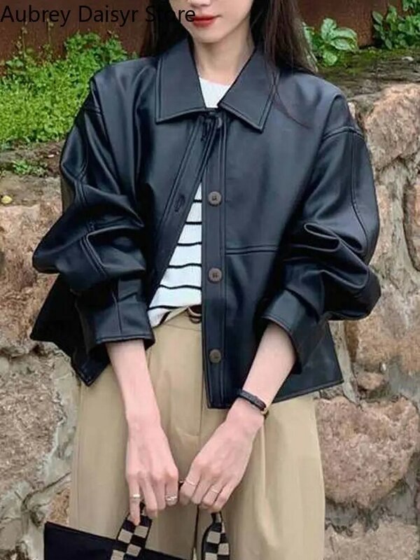 MODE Korea Trend Cropped แจ็คเก็ตหนังผู้หญิง High Street สีดำ Punk PU Streetwear เสื้อบางชุดลำลองย้อนยุคหนัง Blazers