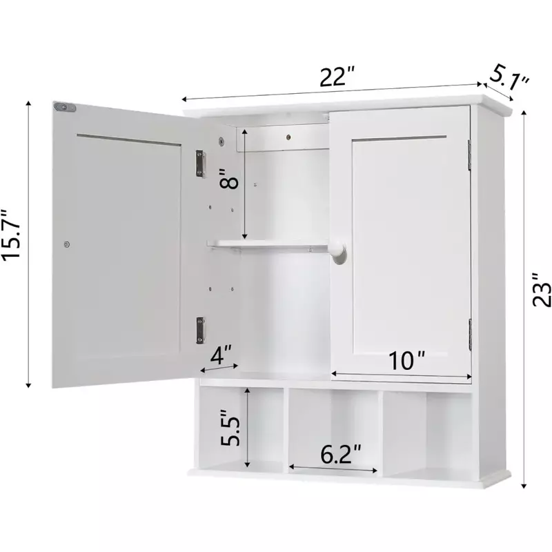 Armário de parede do banheiro com 2 portas, Prateleiras ajustáveis, Sobre o armazenamento do vaso sanitário, Parede branca montada medicina armários