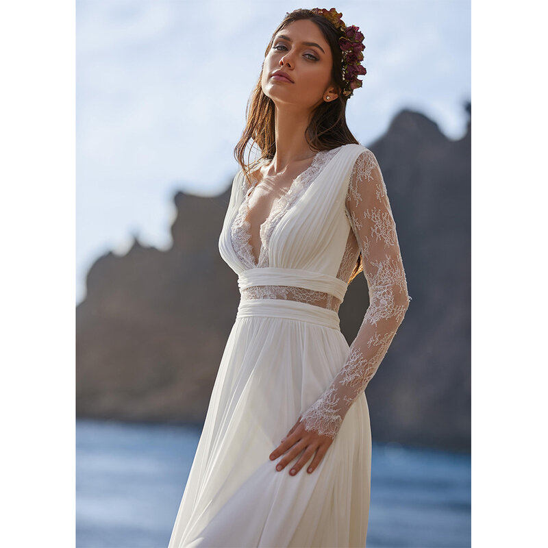 Gaun Pernikahan Bohemian untuk Wanita 2022 Pengantin Lengan Panjang V-Neck Panjang Selantai Sifon A-Line Renda Kembali Gaun Pengantin dengan Sabuk