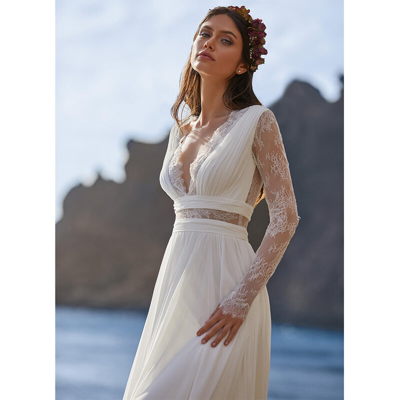 Vestidos de novia bohemios para mujer, vestidos de novia de manga larga con cuello en V, longitud hasta el suelo, gasa, línea A, encaje trasero con cinturón, 2022