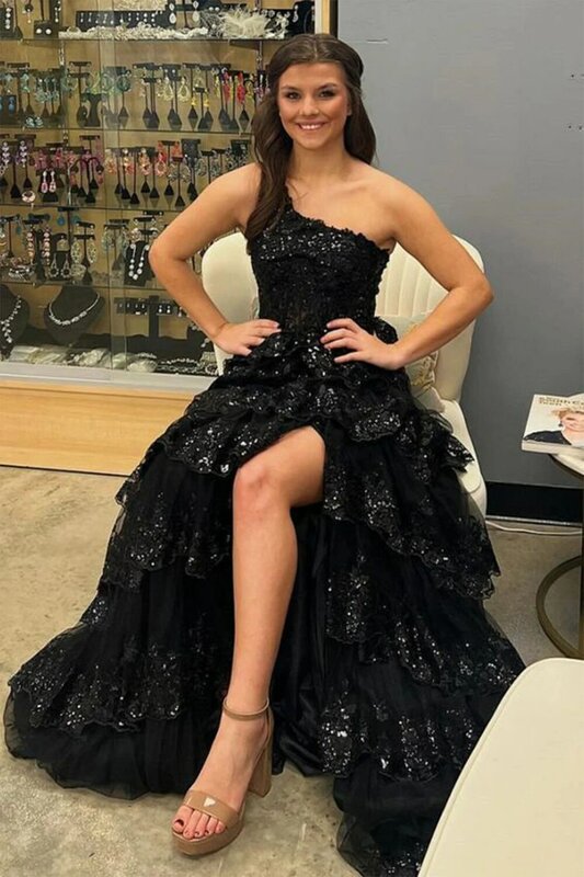 One Shoulder Tiered Sequin Prom Dress Lace Tulle Long Sparkly Corset A Line Formal Dresses Ball Gown with Ruffle High Slit