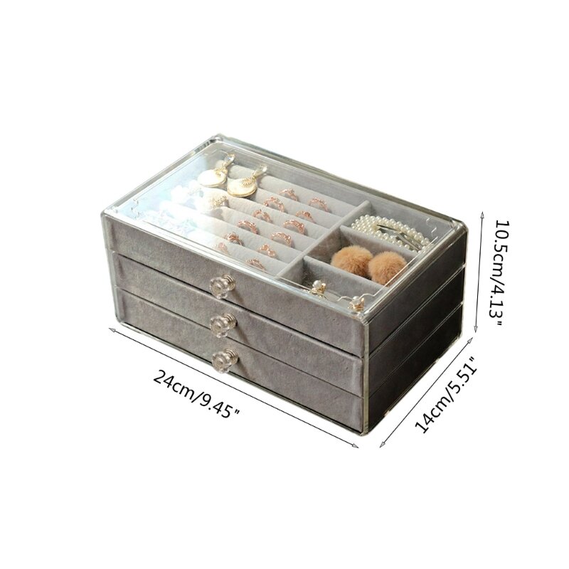 Caja almacenamiento para exhibición joyas con divisores extraíbles, 3 cajones, bandejas para joyería F0S4