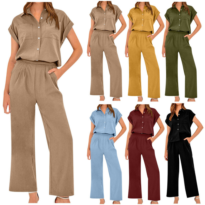Conjunto de calças femininas de botão manga curta superior e perna larga, camisa cor sólida, elegante terno de escritório, moda, 2 peças