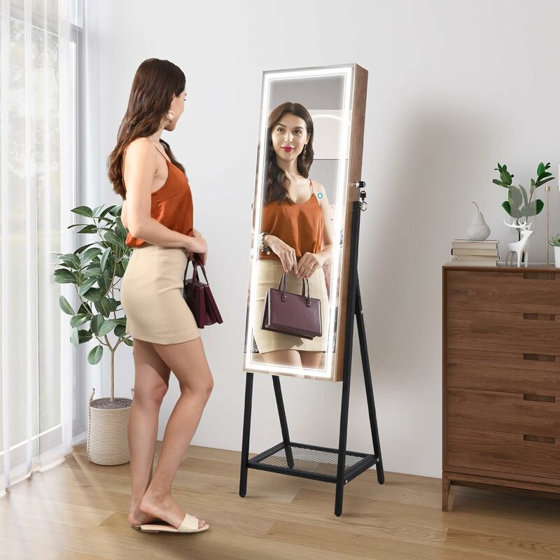 Vlsrka specchio portagioie in piedi con LED, specchio per gioielli a figura intera con specchio e luci per il trucco incorporati
